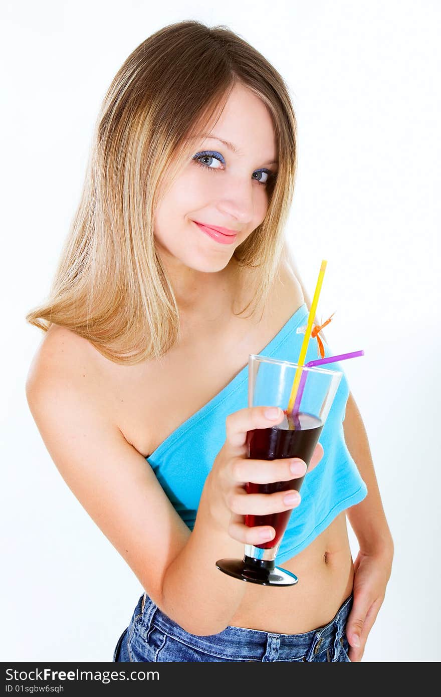 Attractive girl with glass of juice over white