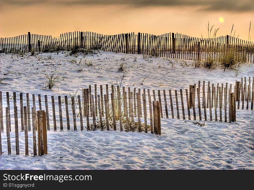 Early morning beach with dune fence