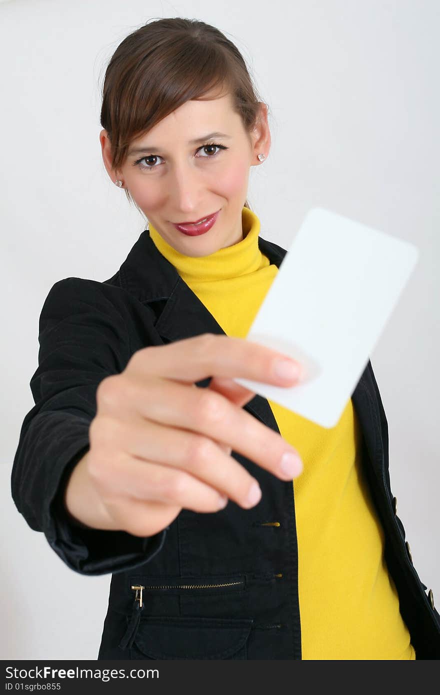 Woman with blank card