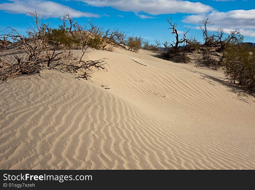 Mesquite sand dunes under dramatic sky in Death Valley National Park, California.