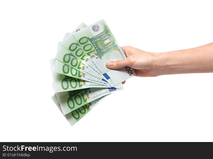 Several bills on one hundred euro in feminine hand