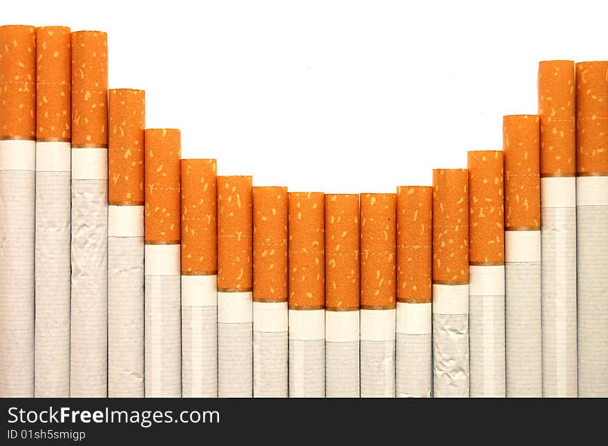 Row of cigarettes on white background