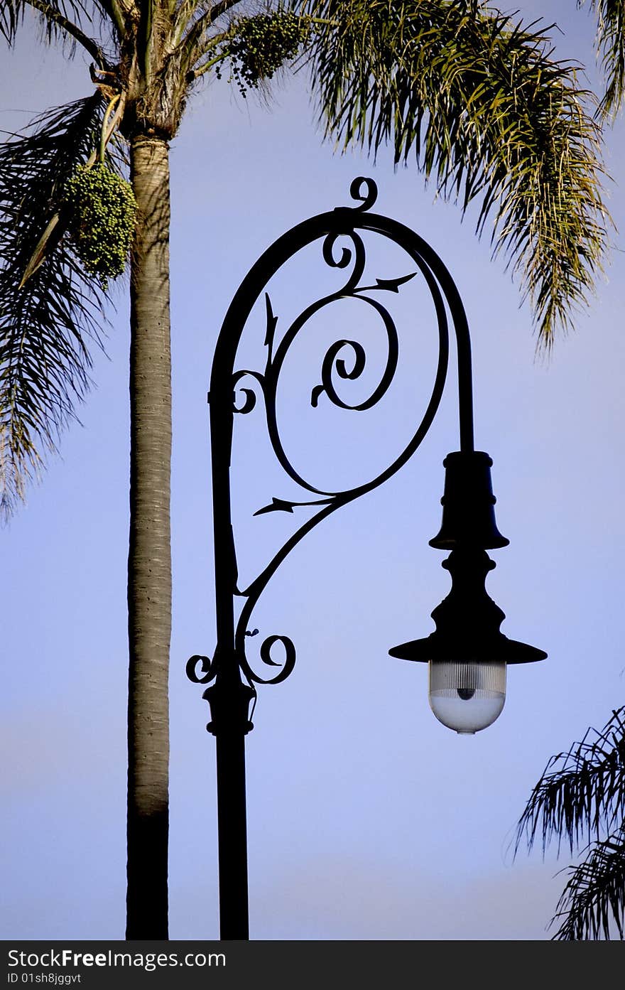 Ornate wrought iron street light in the early evening