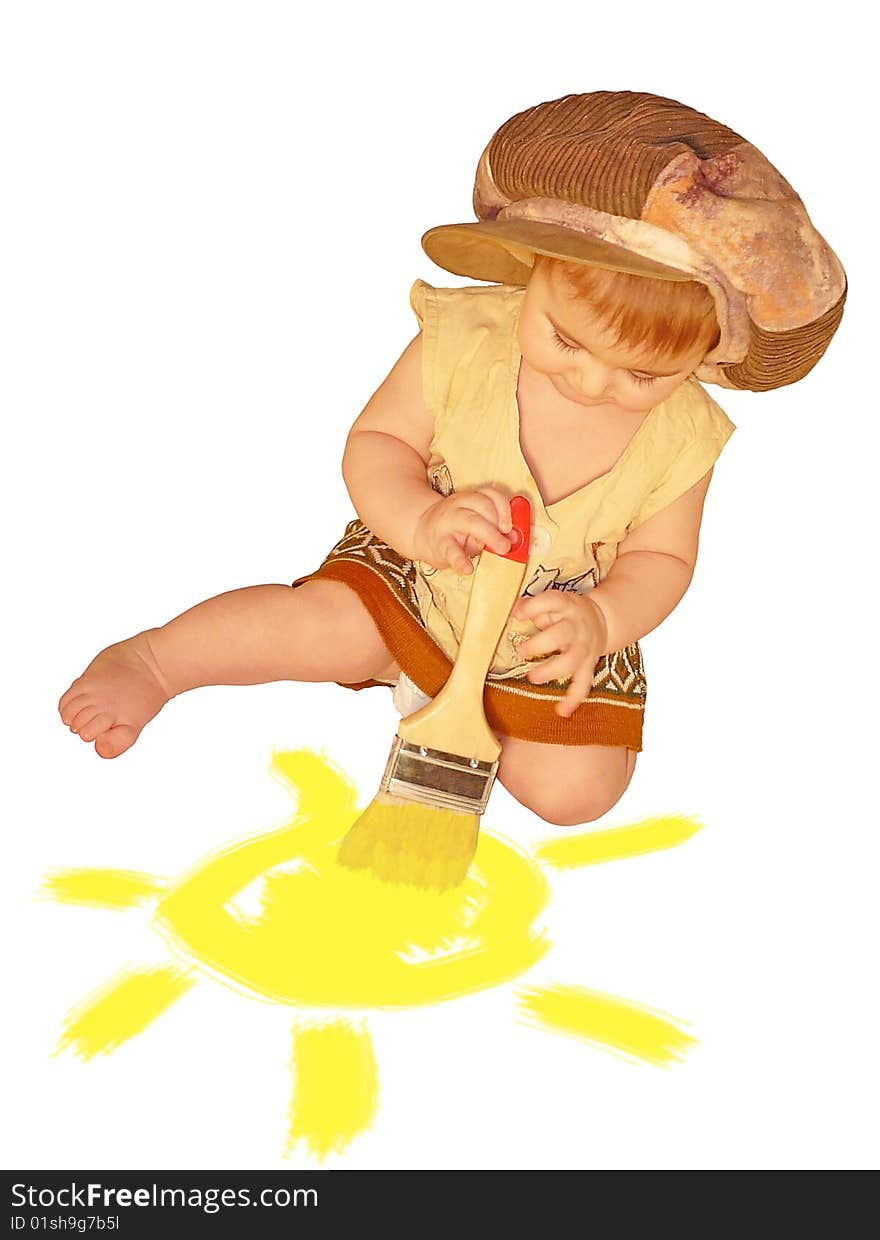 Funny baby-girl painting sun with her flush. Funny baby-girl painting sun with her flush