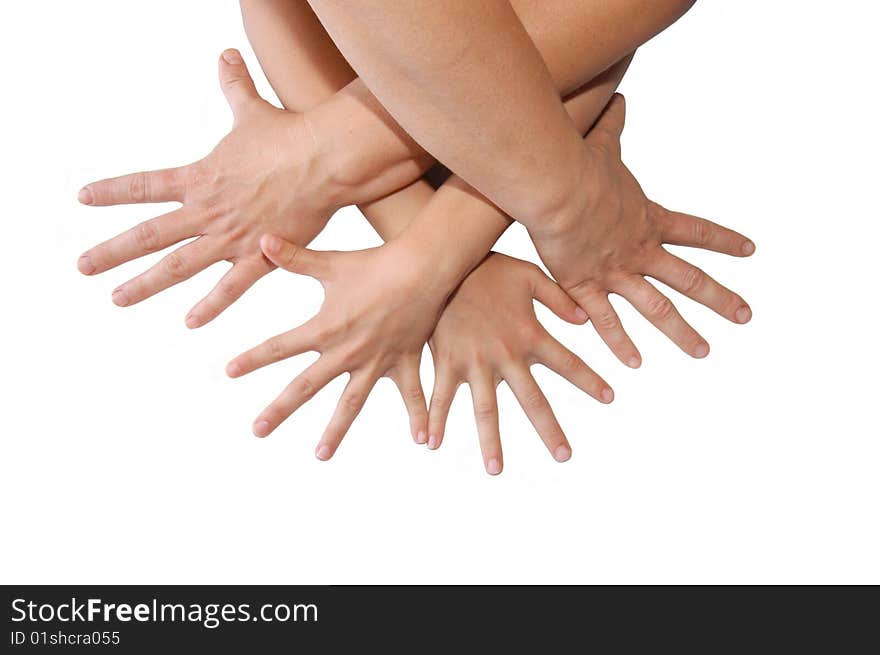 Group of people hands on white background