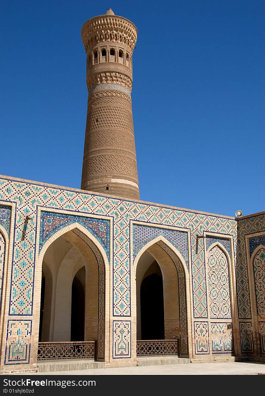 Kalon Mosque and Minaret in Buchara at the ancient silkroad, Uzbekistan. Kalon Mosque and Minaret in Buchara at the ancient silkroad, Uzbekistan