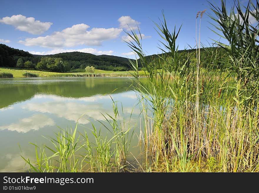 Lake in the summer season surrounded by the forested hills. Lake in the summer season surrounded by the forested hills