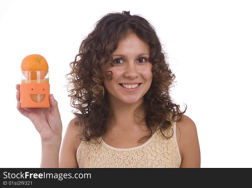 Beautiful young girl with orange. Pretty Woman and Fruit Diet Series. Smiling young healthy woman holding the orange in her hand. Isolated over white background. Beautiful young girl with orange. Pretty Woman and Fruit Diet Series. Smiling young healthy woman holding the orange in her hand. Isolated over white background.