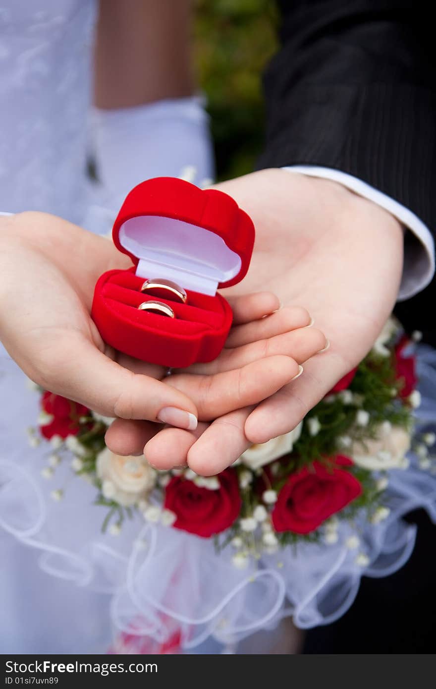 Wedding rings in hands of a newly-married couple on a background of a bouquet