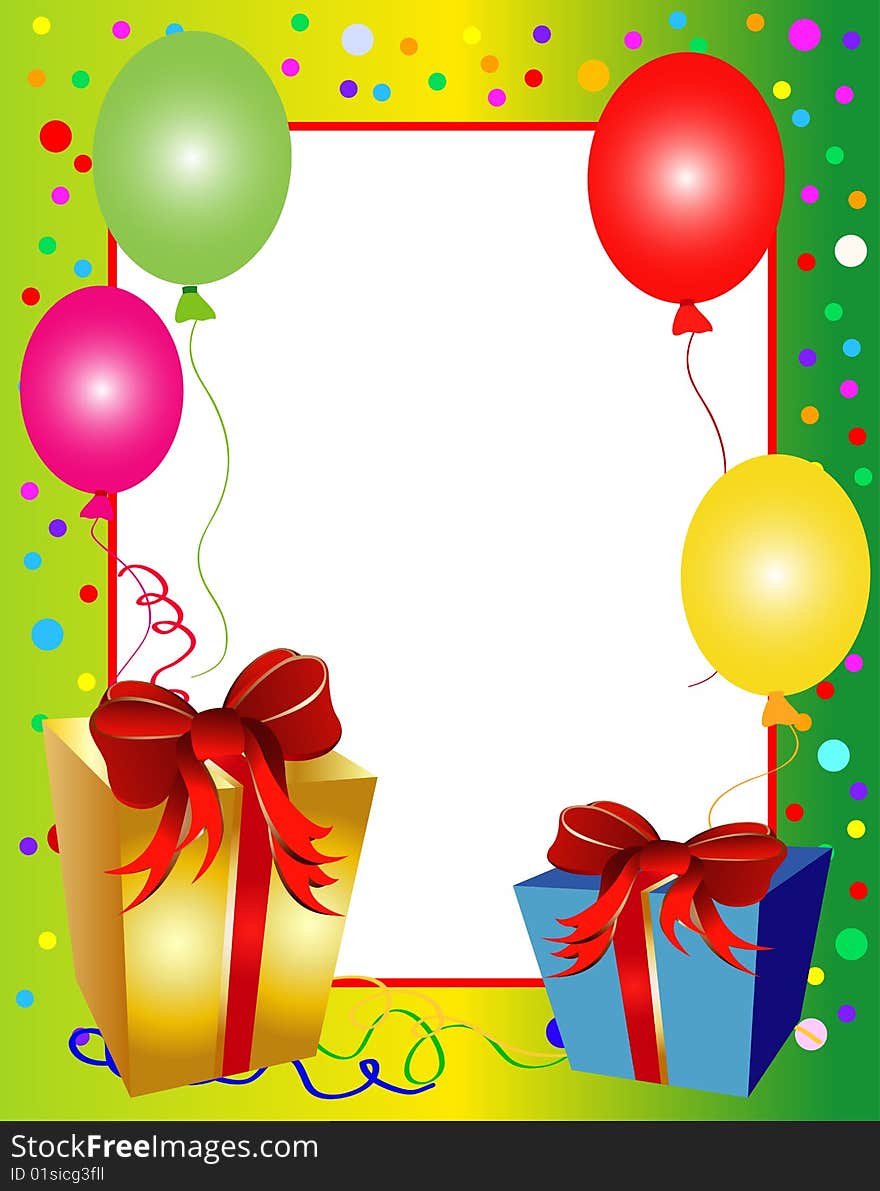 Illustration of a colorful party background with balloons and presents