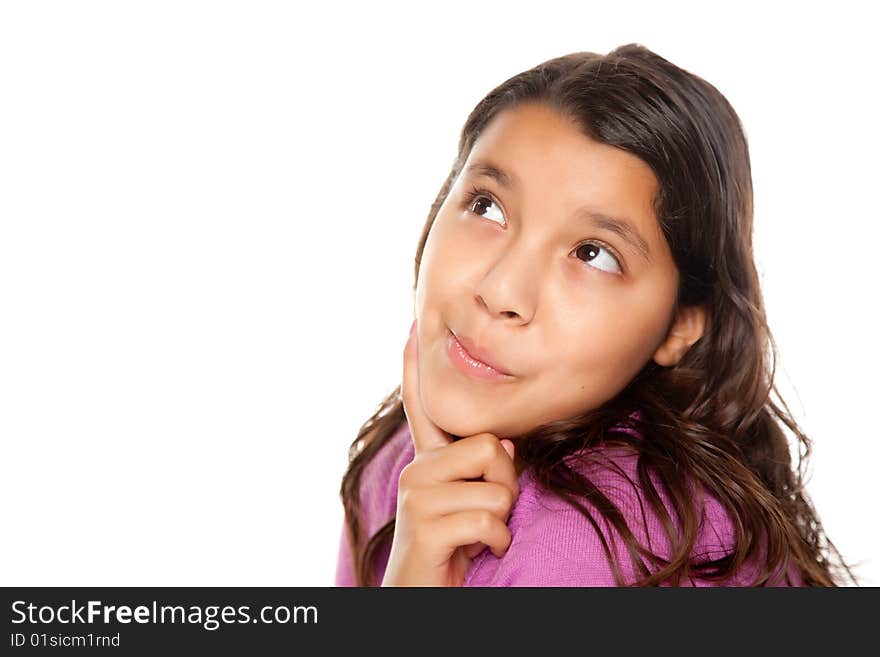 Pretty Hispanic Girl Thinking Isolated on a White Background.