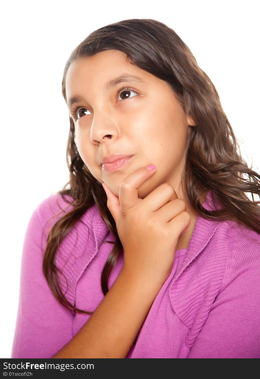 Pretty Hispanic Girl Thinking Isolated on a White Background.