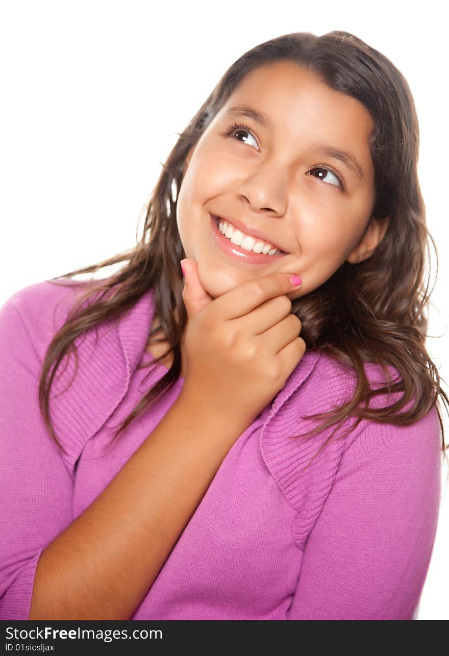 Pretty Hispanic Girl Thinking Isolated on a White Background.