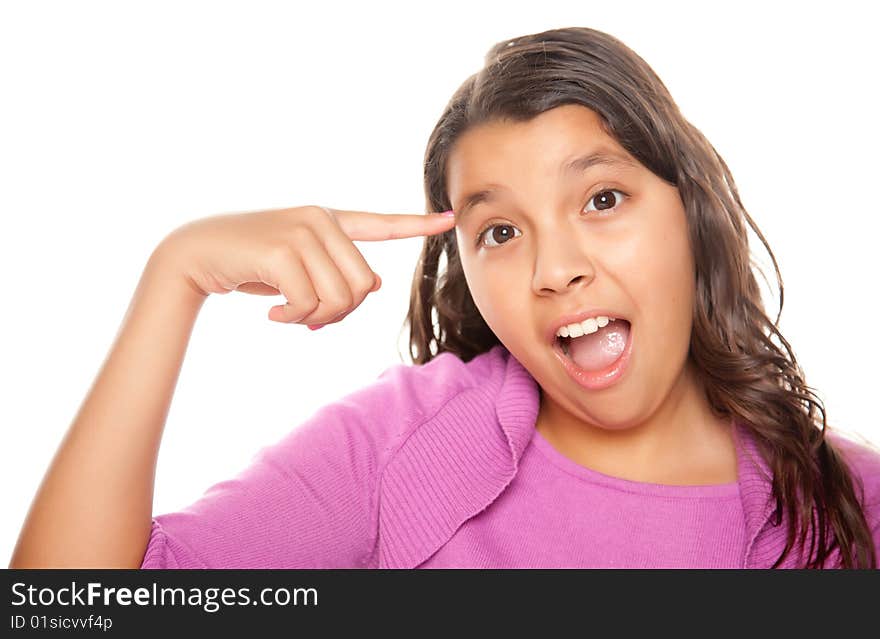 Pretty Hispanic Girl Pointing to Her Head Portrait Isolated on a White Background.