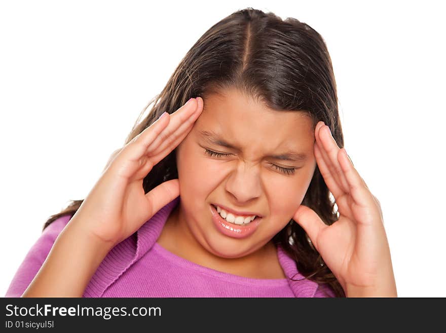 Pretty Hispanic Girl with Headache Isolated on a White Background.