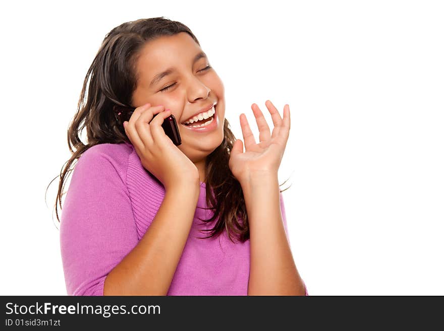 Happy Pretty Hispanic Girl On Cell Phone Isolated on a White Background.