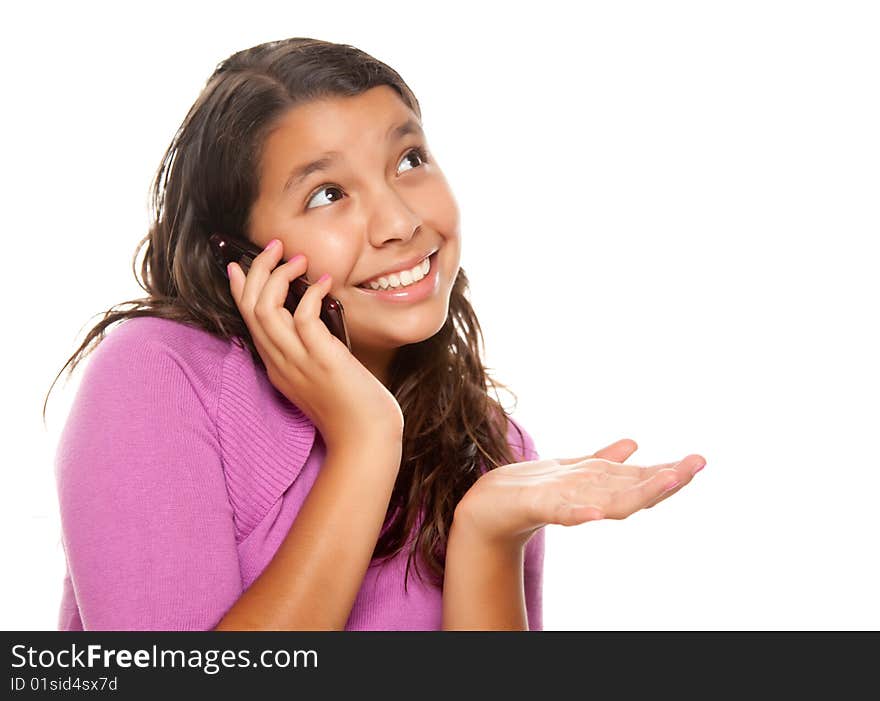 Happy Pretty Hispanic Girl On Cell Phone Isolated on a White Background.