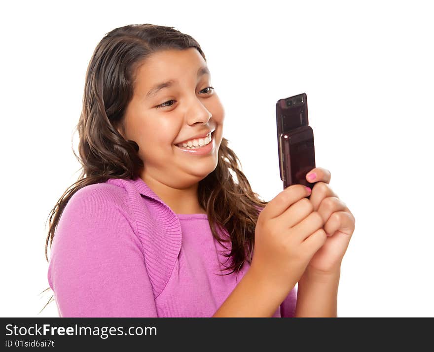 Happy Pretty Hispanic Girl On Cell Phone Isolated on a White Background.