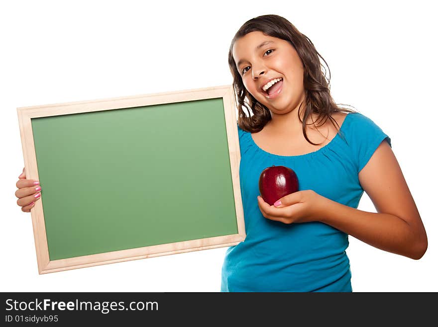 Pretty Hispanic Girl Holding Blank Chalkboard and Apple Isolated on a White Background.