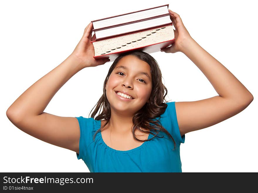 Pretty Hispanic Girl With Books On Her Head