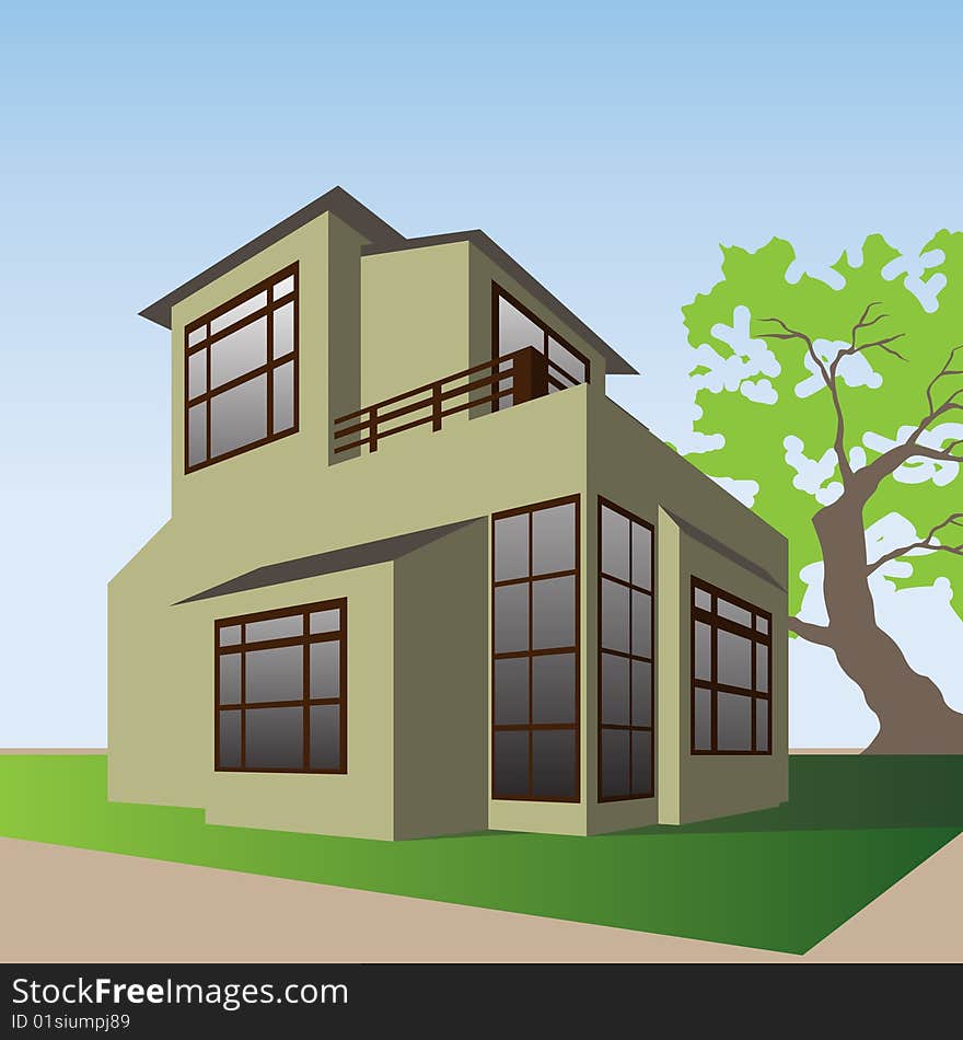 A big bungalow with tree