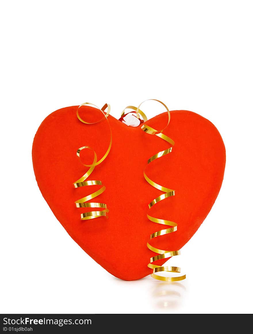 Celebrating a special day of love with red velvet heart and golden ribbons. Isolated on white. Celebrating a special day of love with red velvet heart and golden ribbons. Isolated on white.