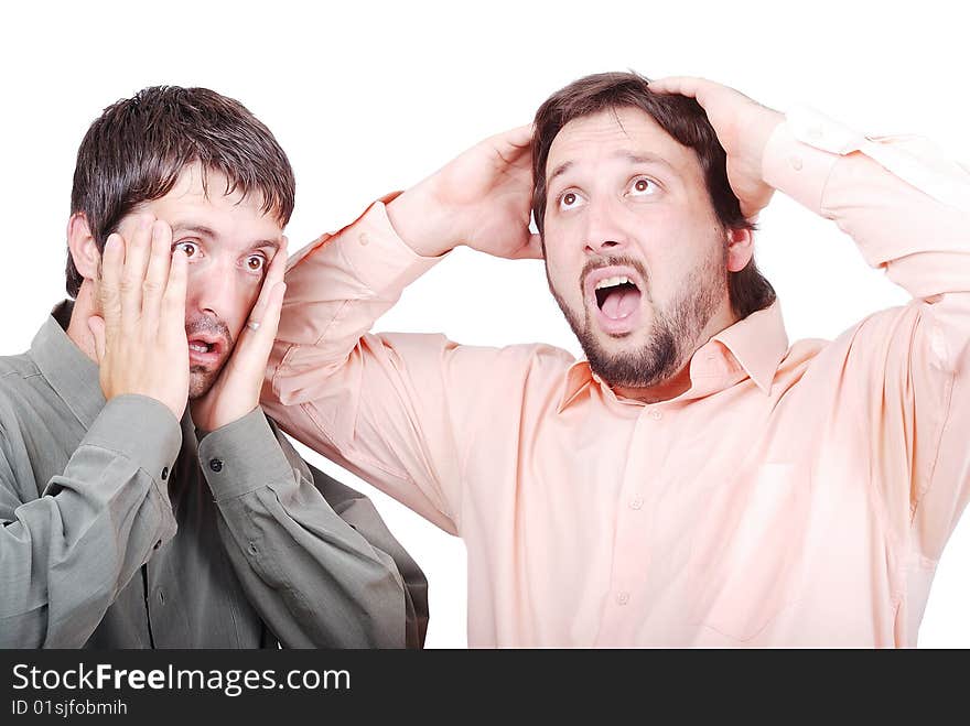 Two worried man with interesting excited faces