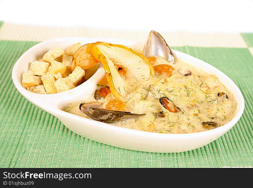 Mixed seafood soup with mussels and oisters. Mixed seafood soup with mussels and oisters