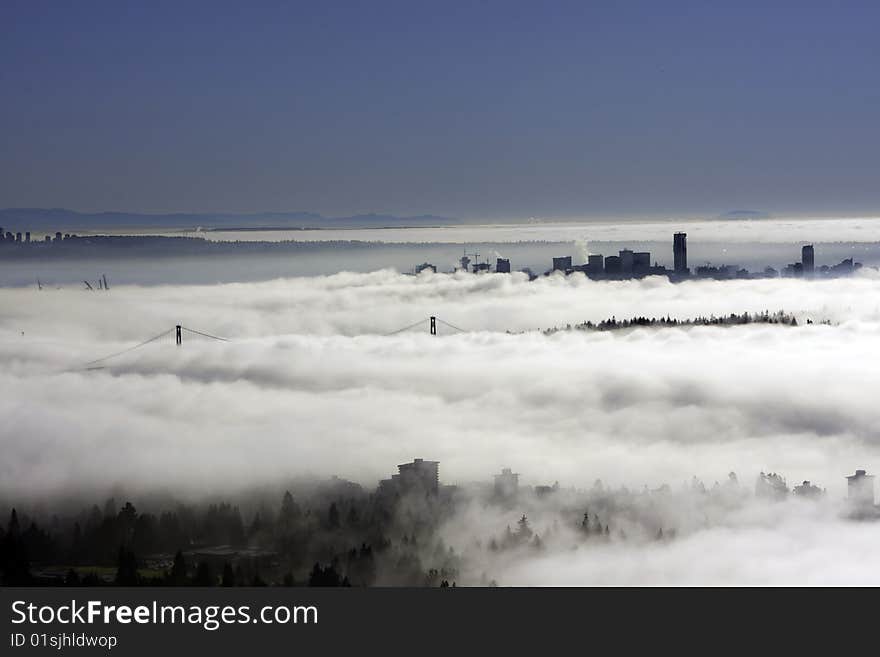 Vancouver as seen being under a heavy blanket of fog. Vancouver as seen being under a heavy blanket of fog