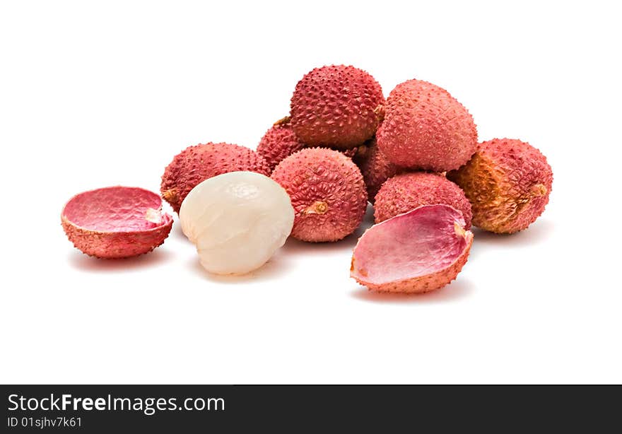 Lychees and its section isolated on white background