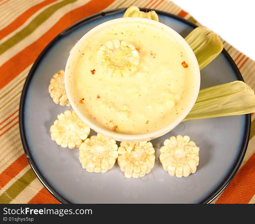 Creamy corn soup in a soup bowl