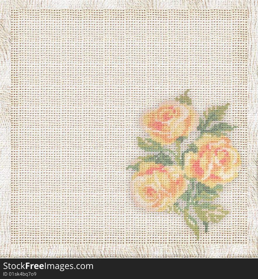 Linen background with the embroidered roses