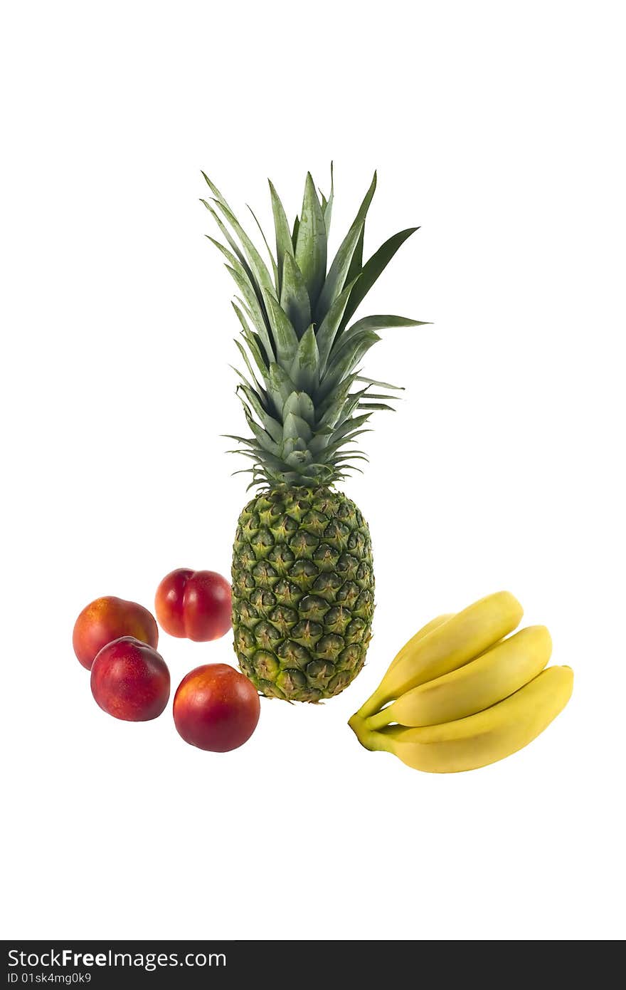 Pineapple, peaches and bananas isolated over white background. Pineapple, peaches and bananas isolated over white background