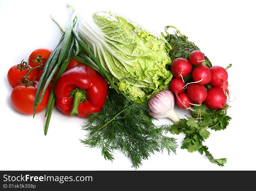 The vegetables - paprika, tomatoes, fennel, onion, garden radish, lettuce and garlic