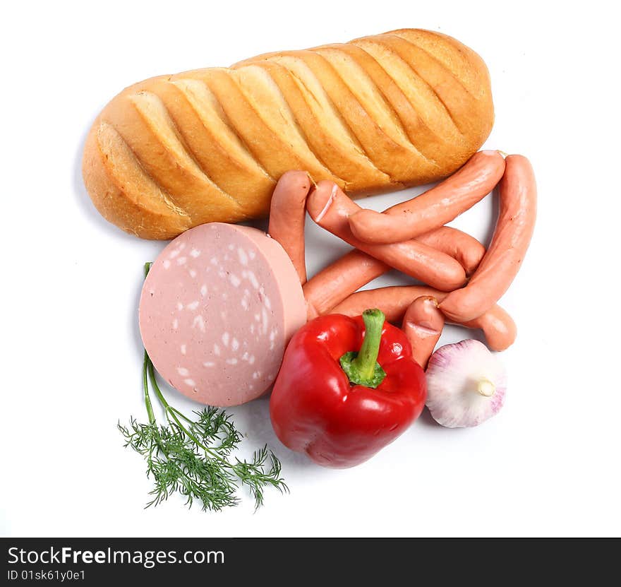 The food - paprika, sausages, wurst, bread,  fennel and garlic