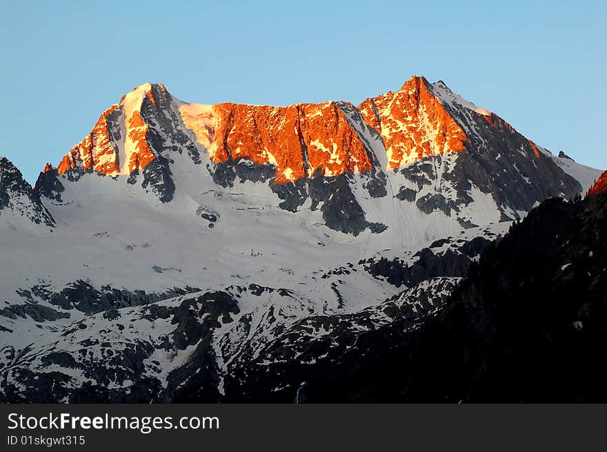 Sunrise over Presanella in the National Park Adamello-Brenta-Italian Alps