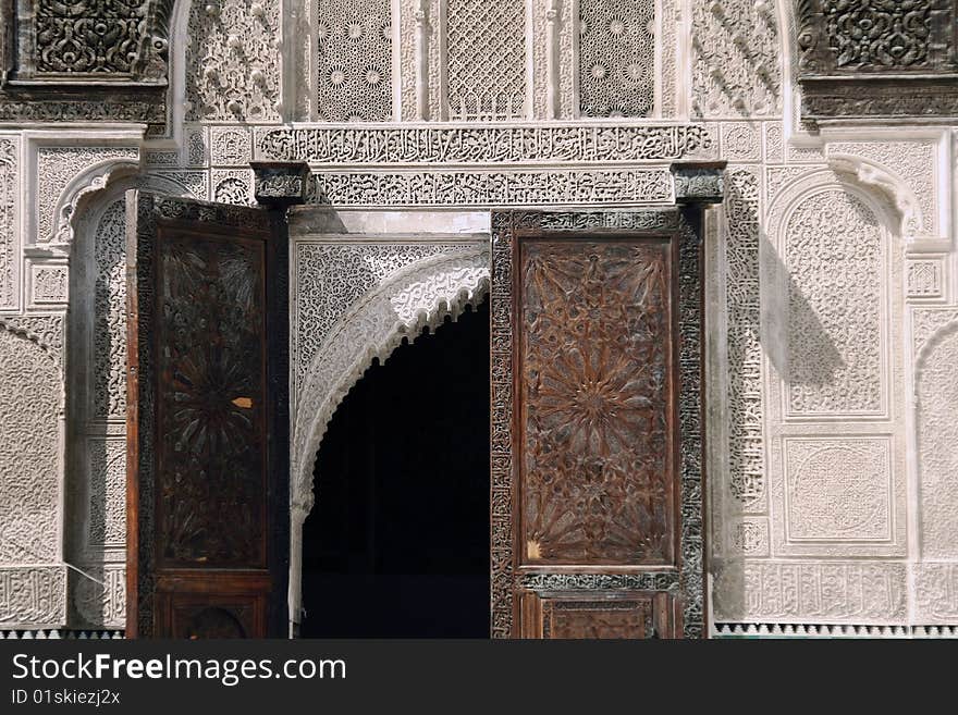 Detail of an entrance door at the Bou Inania Madrassa in Fez, Morocco