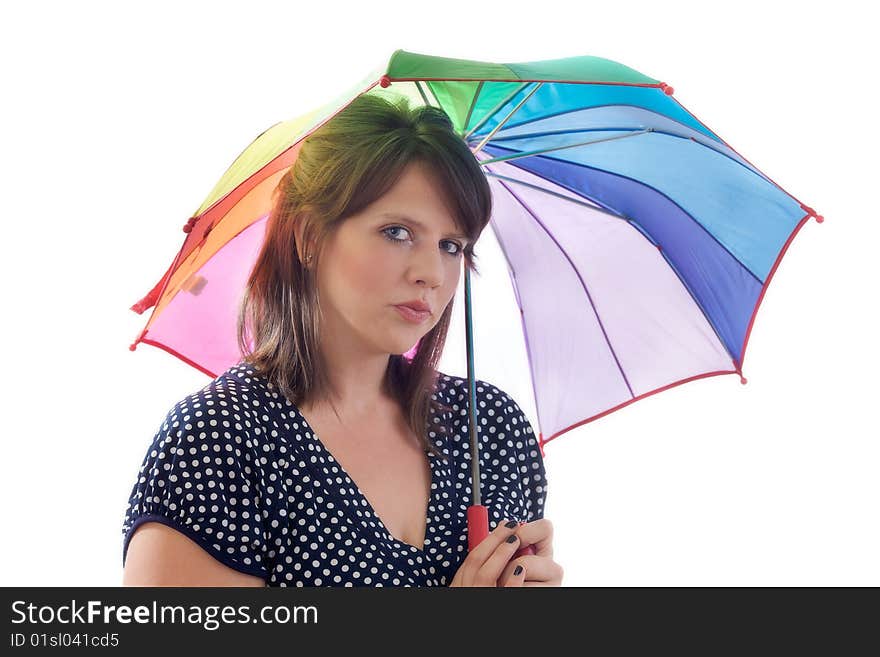 Pensive women with umbrella, isolated