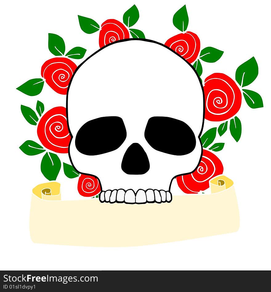 An illustration of a skull and a banner