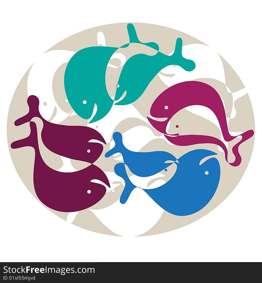 Stylized varicolored fish on white background