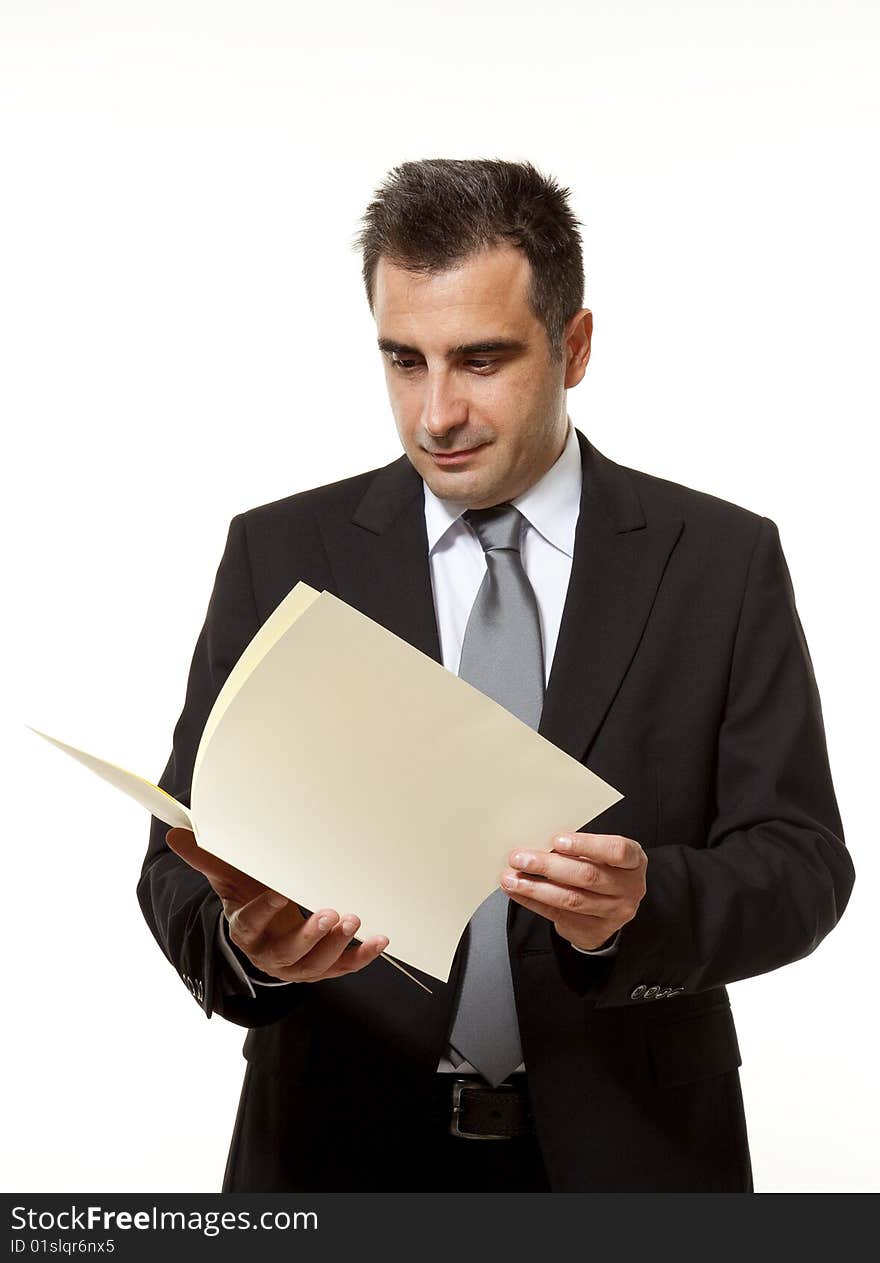 Businessman reads a document with query. Businessman reads a document with query