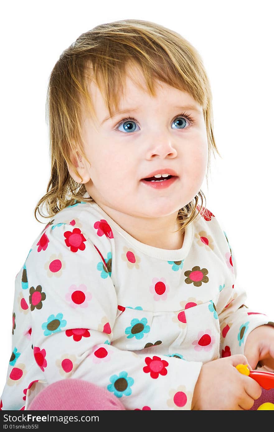 Portrait of little girl with toy on white background. Portrait of little girl with toy on white background