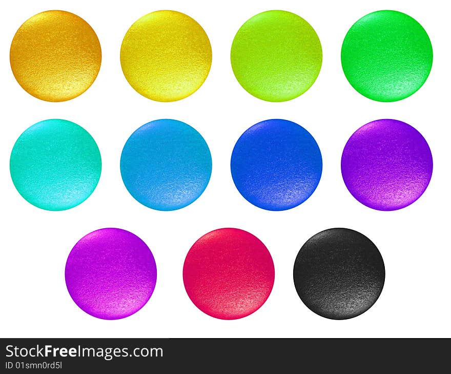 Empty net buttons of different colors on a white background.