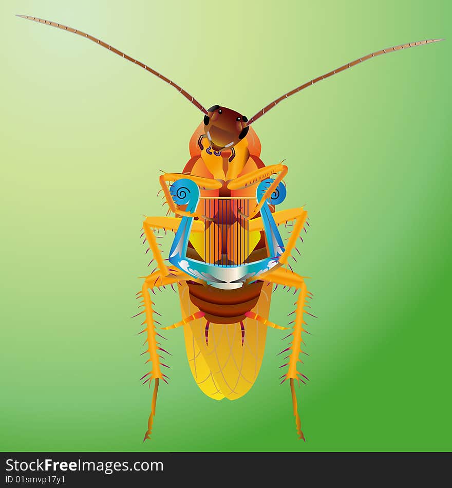 Vector of cockroach playing harp. Vector of cockroach playing harp