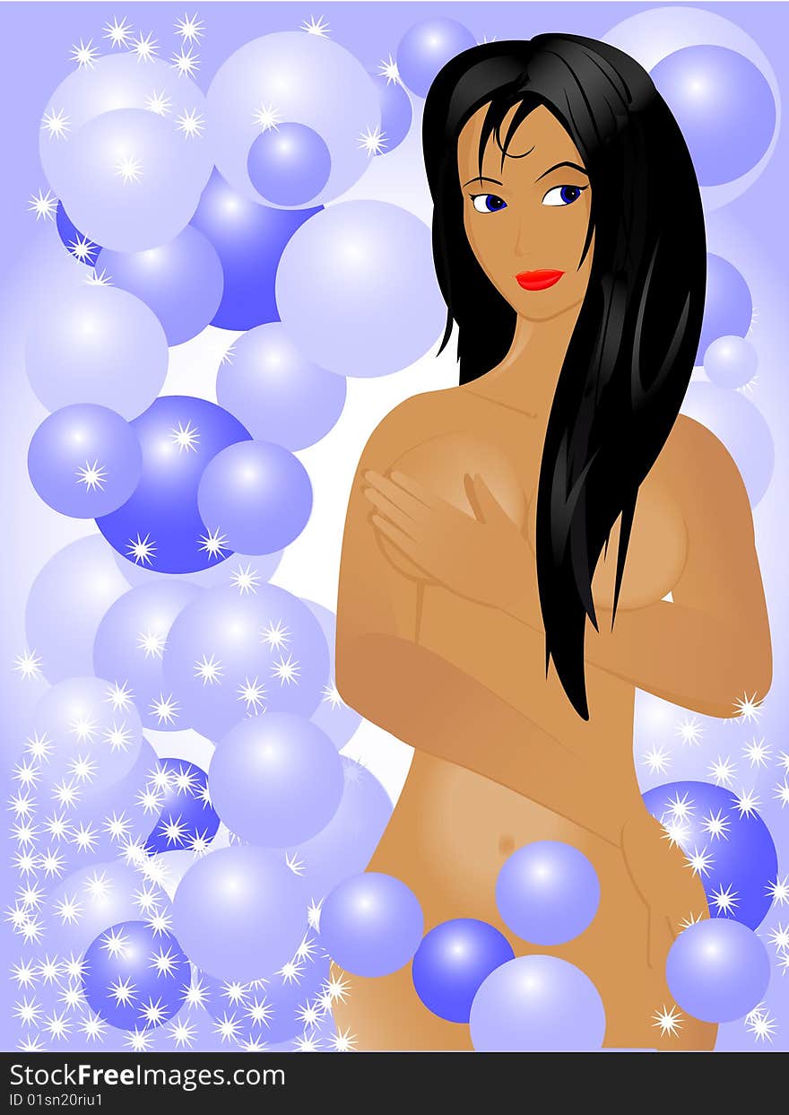 Naked the beautiful girl the brunette is sexual washes in a shower surrounded by soap bubbles in a vector