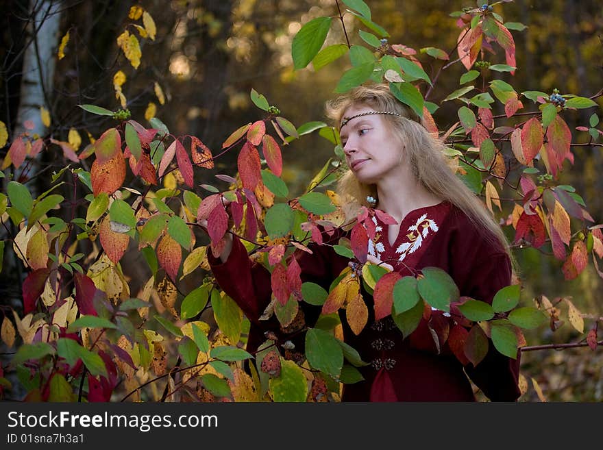 The blonde girle in medieval red dress in the autumn forest. The blonde girle in medieval red dress in the autumn forest