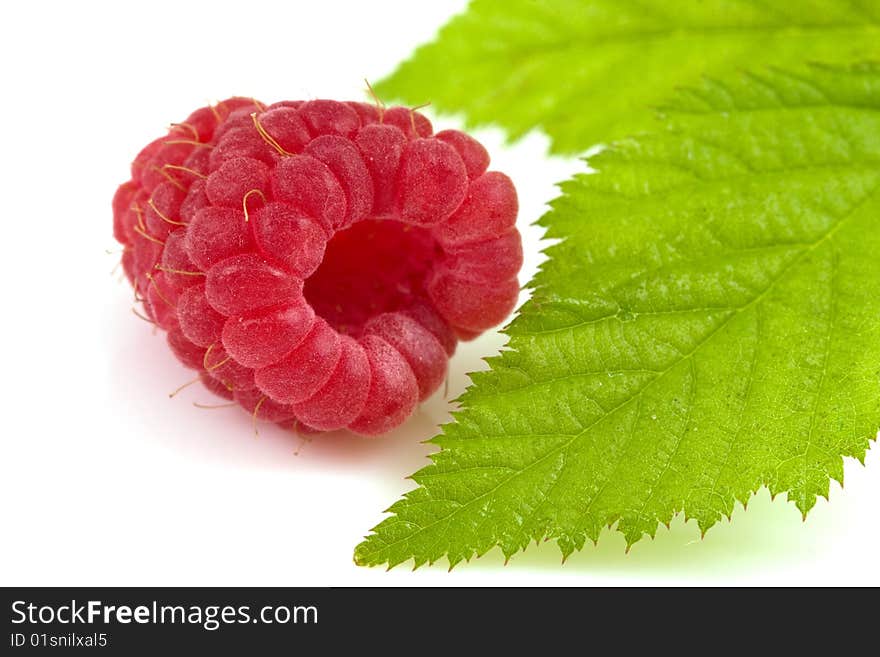 Raspberry and leaf isolated on white. Raspberry and leaf isolated on white