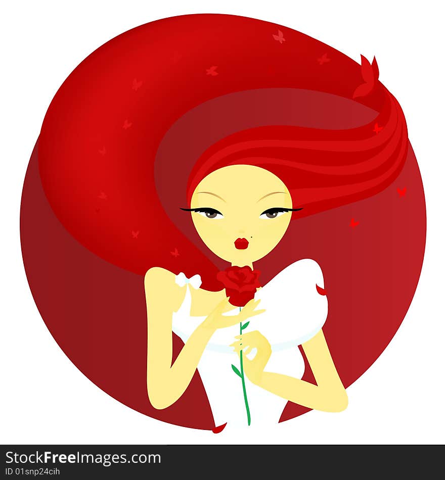 Girl with red rose. Mesh, EPS, full editable.