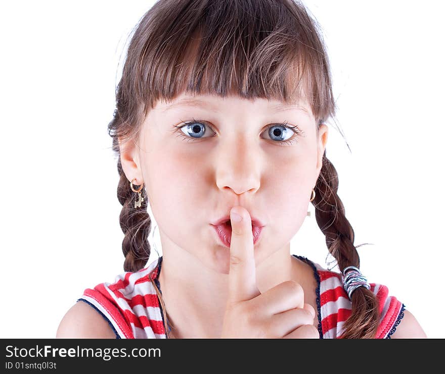 Portrait of funny lovely little girl  with her Finger to her Mouth - Shhhhh


, studio shot. Portrait of funny lovely little girl  with her Finger to her Mouth - Shhhhh


, studio shot