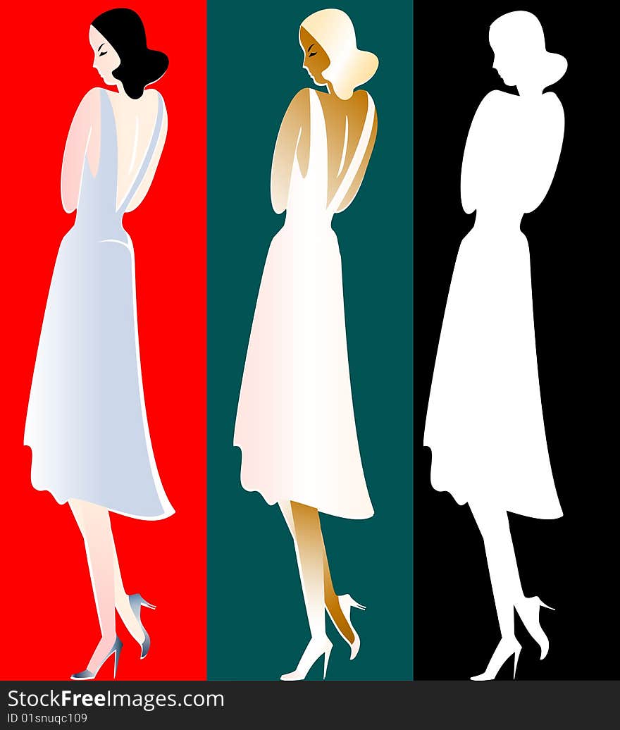 There are three images of the woman in a retro-style. There are three images of the woman in a retro-style